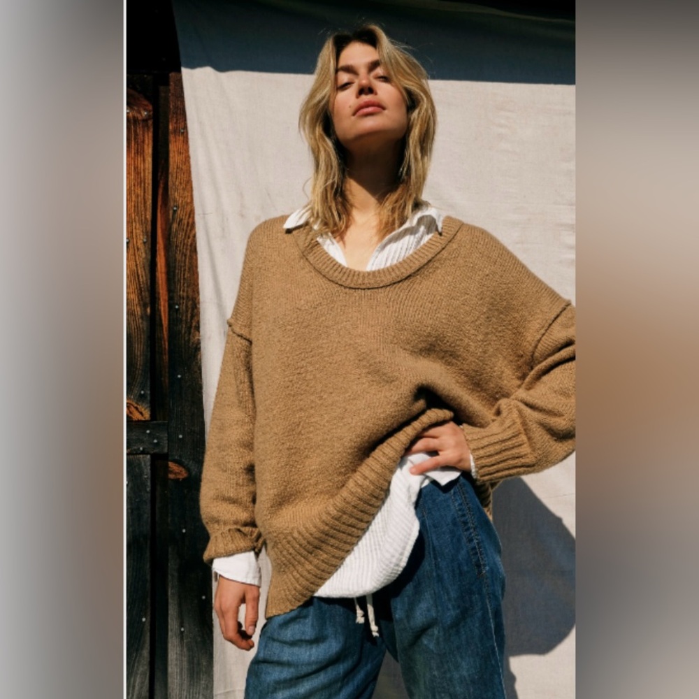 Free People Brookside Tunic Knit Sweater Sz Small Tan Oversized Slouchy Boho